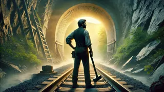 John Henry golpeando su martillo en la entrada de un túnel de montaña, chispas volando