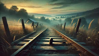 Un martillooxide descansa sobre viejos raíles de ferrocarril, simbolizando el espíritu perdurable de John Henry.