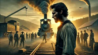 John Henry enfrenta el martillo impulsado por vapor, con determinación grabada en su rostro sudoroso.