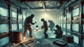 Les survivants recueillent des morceaux d'air glacé dans une chambrée de glace faiblement éclairée.