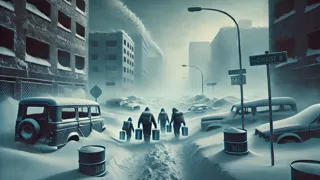 Des vents glacés balaient un paysage urbain désolé et gelé, tandis que des silhouettes lointaines cherchent un refuge.