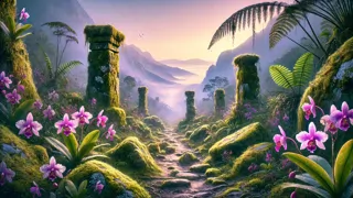 Moss-covered stone pillars and vibrant orchids along the winding trail to Candelaria