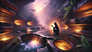 Amara kneeling at a glowing mountain spring surrounded by mist