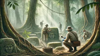 Modern archaeologists exploring ancient sites in the Colombian rainforest seeking clues to El Dorado
