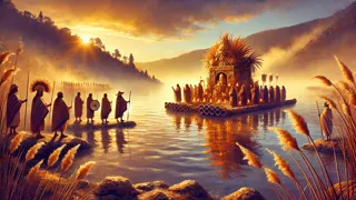 A reed raft laden with gold offerings drifting on Lake Guatavita during sunrise ceremony