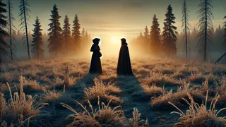 Zwei Figuren auf einem frostbedeckten Feld bei Sonnenaufgang, eine senkt eine rauchende Pistole, während sie sich umarmen.