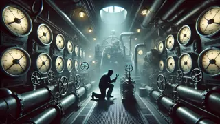 Le saboteur desserre des boulons cruciaux dans la salle des machines du Titanic, tandis que des ombres vacillent tout autour de lui.