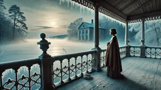 Anna Ivanova contemplando un lago helado desde la veranda, con su aliento visible en el aire frío.