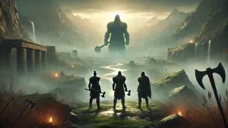 Odin und seine Brüder erschlagen Ymir und verwandeln seinen Körper in die Welt, mit Flüssen aus Blut und sich erhebendem Land.