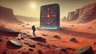 Le passager clandestin se tient devant un monolithe extraterrestre partiellement enfoui, gravé de symboles lumineux.