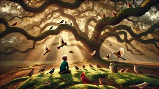 Sam assis sous un chêne, écoutant un groupe d'oiseaux l'entourer de leurs chants.