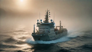 A research vessel deploying sonar equipment across the mist-laden waters of Saint Joseph Sound.