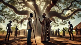 Dos agricultores discutiendo bajo un árbol de baobab mientras Eshu observa.
