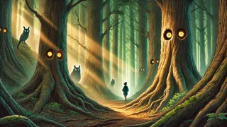 Le garçon s'aventurait plus profondément dans une forêt faiblement éclairée, entouré par des arbres majestueux et les yeux lumineux de créatures inconnues dissimulées.