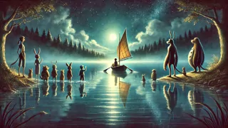 Le garçon, faisant ses adieux aux créatures qu'il serre dans ses bras, monte à bord d'une petite embarcation, revenant vers chez lui à travers un lac obscur.