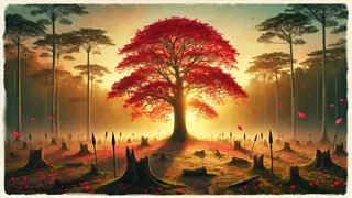 A majestic Ceibo tree blooming with bright red flowers over a silent battlefield