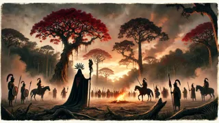 Warriors clashing under Ceibo trees as dark forces advance