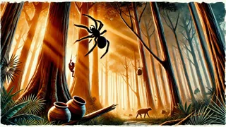 Anansi subindo uma árvore alta carregando a panela de barro enquanto as criaturas da floresta observam lá de baixo.