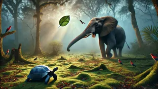 Ein Elefant streckt seinen Rüssel nach einem dahintreibenden Blatt aus, während die Schildkröte ganz ruhig in der Nähe steht.