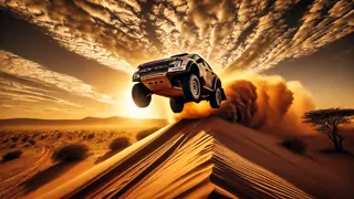 Un camion de rally sautant par-dessus un sommet poussiéreux au coucher du soleil.