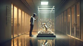 Charlie gently touching the glass of Algernon’s maze, tears in his eyes