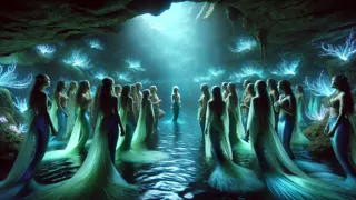 Family reunion in a glowing bioluminescent underwater cove
