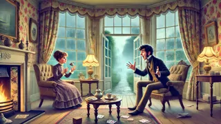 Mischievous teenager spinning a tale to a nervous guest near an open window