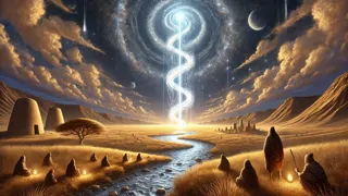Ancient depiction of the Silver River winding across the pampas under a starlit sky
