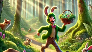 Sam-I-Am walking through a forest path with a basket of green eggs and ham