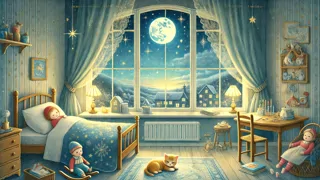 Vista ao lado da cama de brinquedos, livros e um balão em um quarto infantil suavemente iluminado pela luz do luar, na hora de dormir