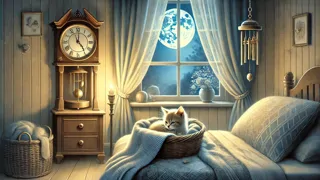 O quarto de uma criança brilhava sob a luz da lua, enquanto um relógio, um gatinho e os sinos de vento cantavam suavemente na quietude.