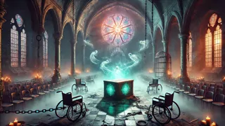 Ethereal figure of a patient reaching out from swirling mist in the asylum.