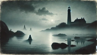 Ethereal depiction of the Lady merging with river mist near Albany Lighthouse at dawn