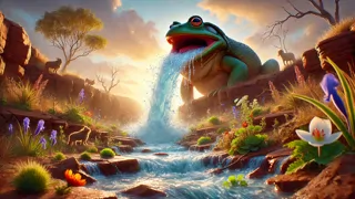 Tiddalik bursts into laughter, releasing water that floods the parched earth