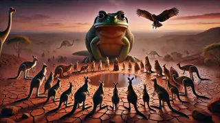 A council of Outback animals meets around the huge frog at the dried waterhole