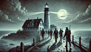 Contemporary photo simulation of researchers exploring Albany Lighthouse grounds at night