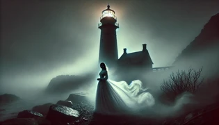 Old engraving style image of the first sighting of the Lighthouse Lady in 19th century near Albany Lighthouse