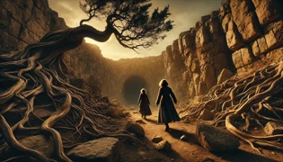 Two sisters discovering the entrance to a rocky ravine where a giant hyena emerges