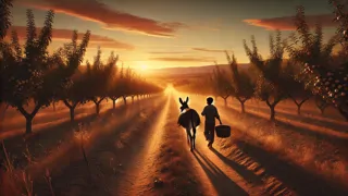 Um menino e seu burro caminhando por uma estrada arenosa ao nascer do sol, através de campos abertos.