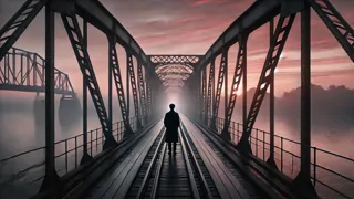 Eine einsame Brücke im Morgengrauen, getränkt vom Glanz einer aufgehenden Sonne