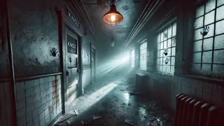 Deserted hallway of Blackwater Asylum lit by a flickering lantern.