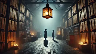Holmes confronting a shadowy figure in a dimly lit warehouse