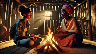 Mariella and her grandmother Amara sit by a fire in a cozy wooden house in Dominica.