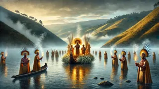 Muisca chief covered in gold dust during ritual at the edge of a sacred lake