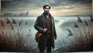 Jasper van Rijn standing at the edge of Hoogeveen Moor at dusk, holding a satchel, with mist and glowing lights in the distance.