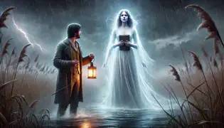  Jasper van Rijn confronting Marit’s glowing ghost in the stormy Hoogeveen Moor, holding a diary under dark skies.