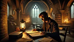  Jasper van Rijn in a dimly lit church at night, reading a tattered diary illuminated by a soft lantern glow.