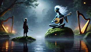 Lars encounters the Neck playing a bone fiddle on a mossy rock in a moonlit river.