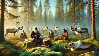 Musicians playing flutes to a patient herd of reindeer in a Karelian forest clearing