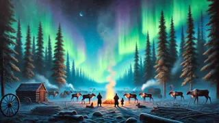 Community and reindeer standing together beneath Northern Lights in a restored forest clearing